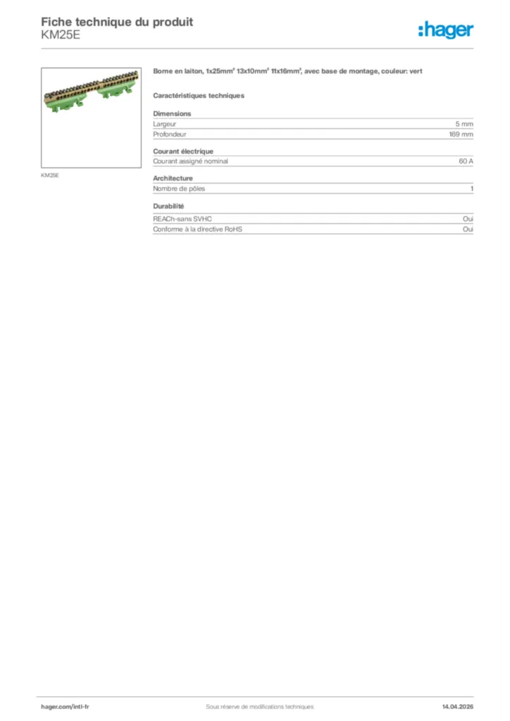 Image Hager Fiche technique du produit KM25E | Hager Afrique