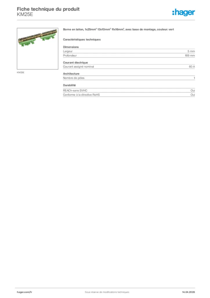 Image Hager Fiche technique du produit KM25E | Hager France