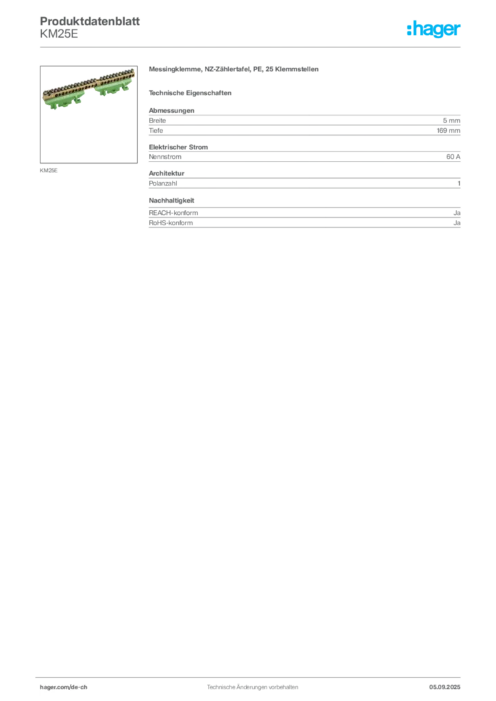 Bild Hager Produktdatenblatt KM25E | Hager Schweiz
