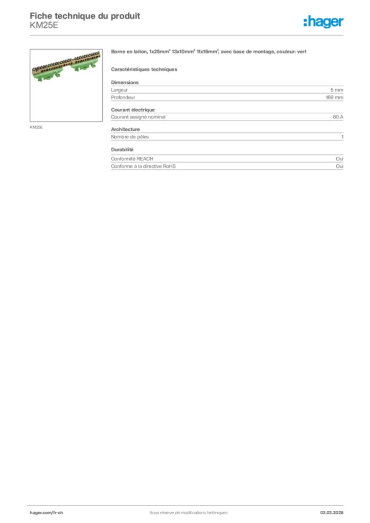Image Hager Fiche technique du produit KM25E | Hager Suisse