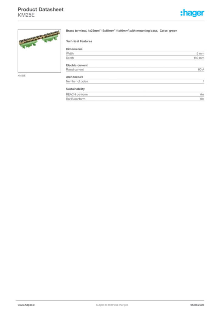 Image Hager Product data sheet KM25E  | Hager