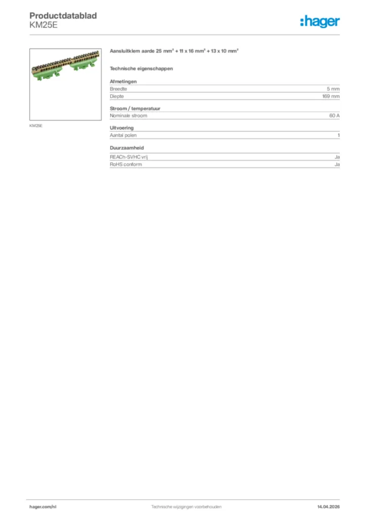 Afbeelding Hager Productdatablad KM25E | Hager Nederland
