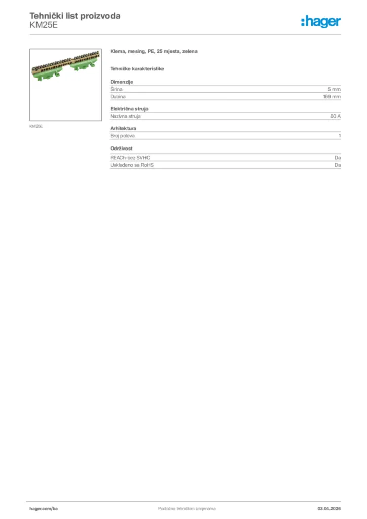 Slika Hager Tehnički list proizvoda KM25E  | Hager