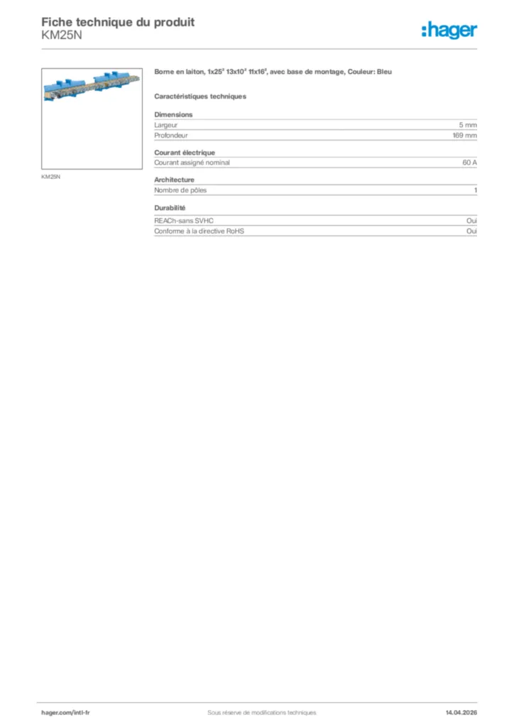 Image Hager Fiche technique du produit KM25N | Hager Afrique