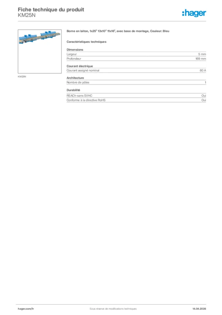 Image Hager Fiche technique du produit KM25N | Hager France