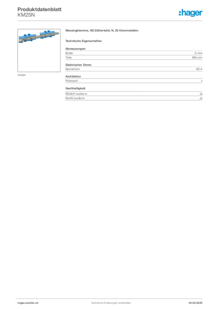 Bild Hager Produktdatenblatt KM25N | Hager Schweiz