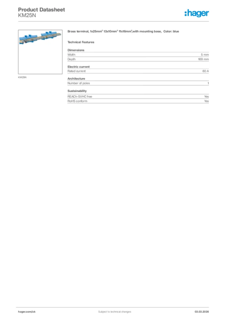 Image Hager Product data sheet KM25N  | Hager