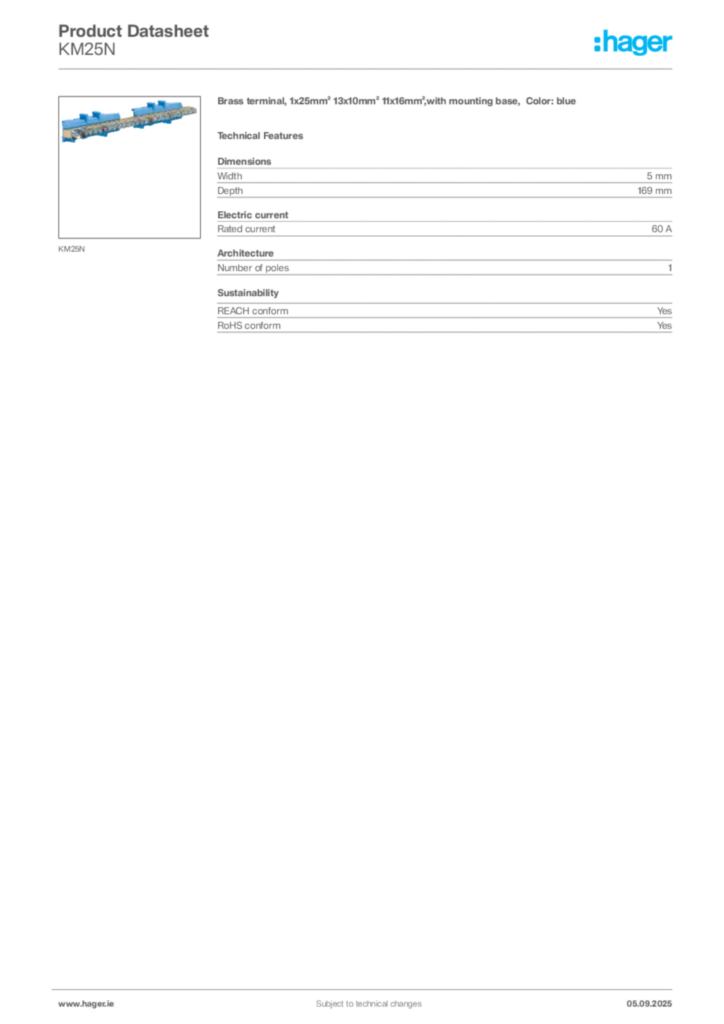Image Hager Product data sheet KM25N  | Hager