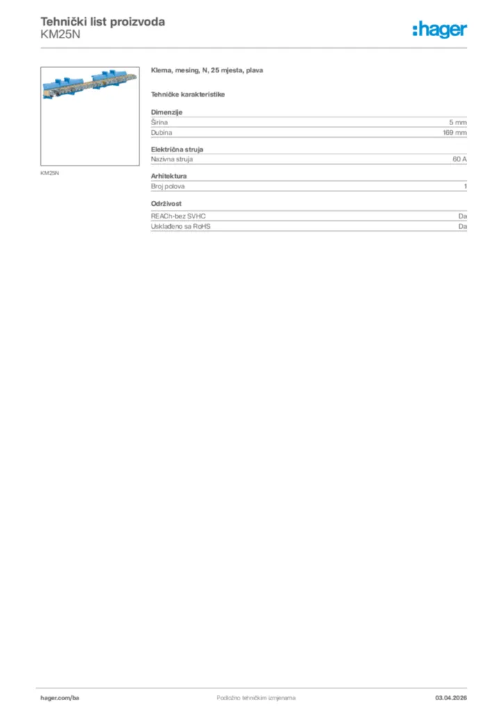 Slika Hager Tehnički list proizvoda KM25N  | Hager