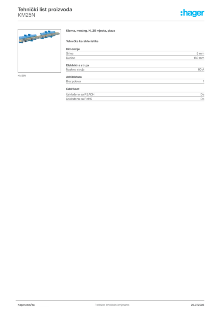 Slika Hager Product data sheet KM25N  | Hager