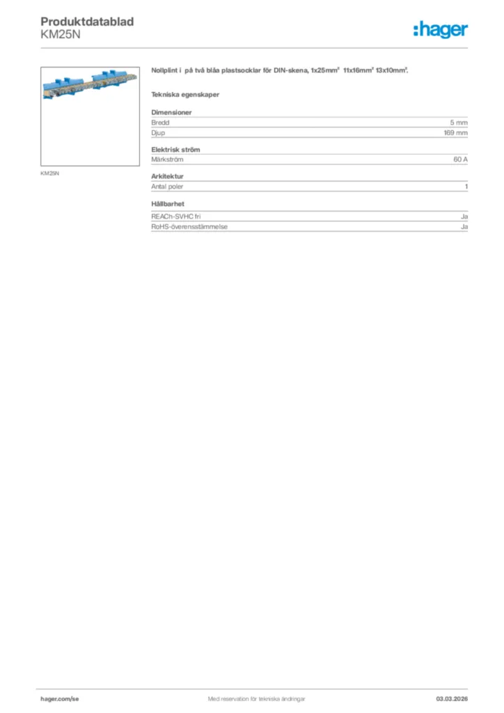 Bild Hager Produktdatablad KM25N | Hager Sverige