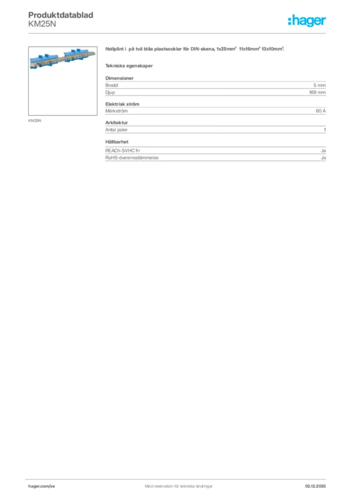 Bild Hager Produktdatablad KM25N | Hager Sverige