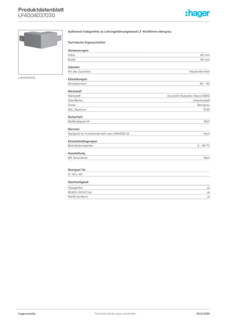 Bild Hager Produktdatenblatt LF4004037030 | Hager Deutschland