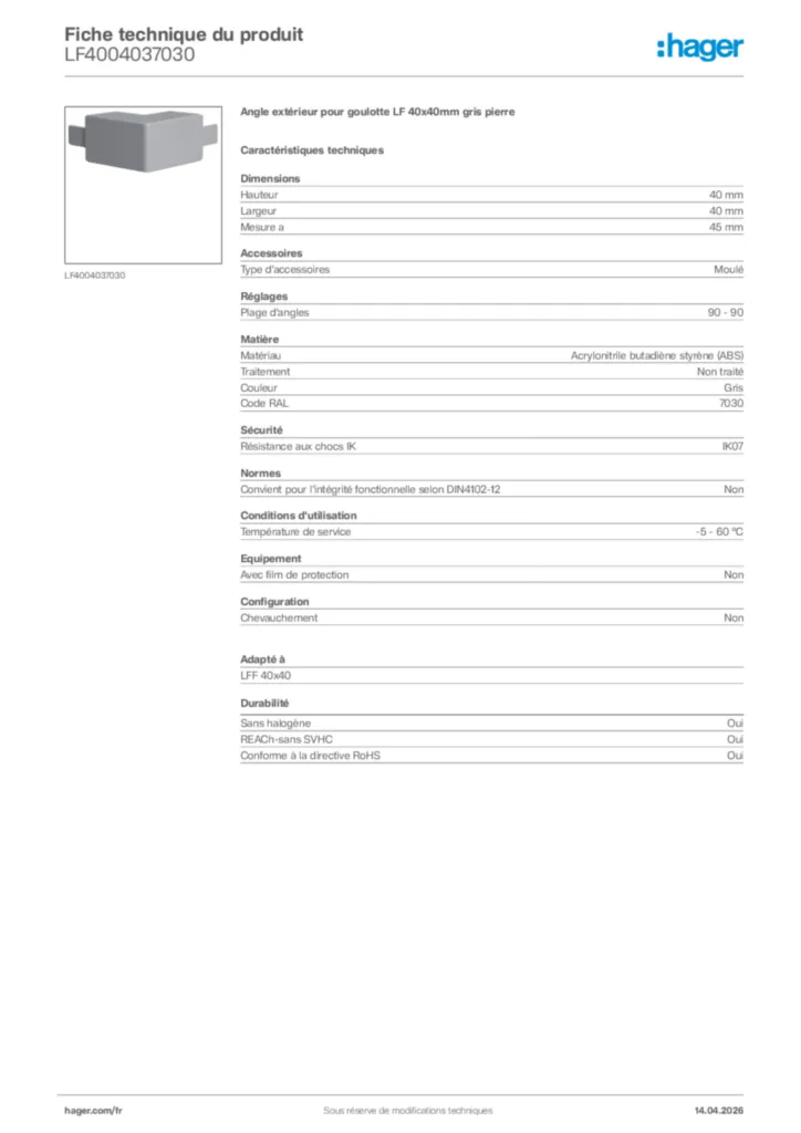 Image Hager Fiche technique du produit LF4004037030 | Hager France