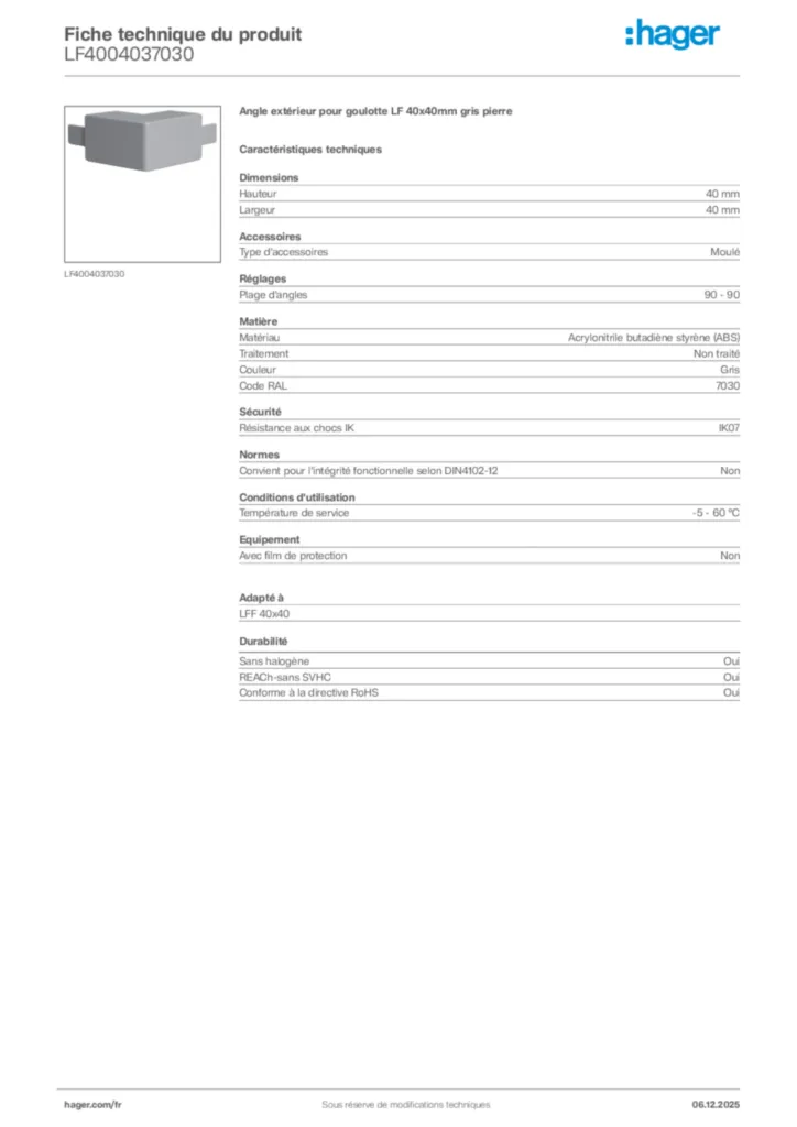 Image Hager Fiche technique du produit LF4004037030 | Hager France