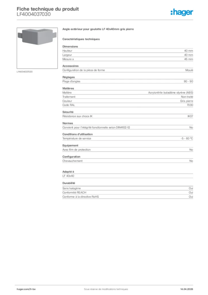 Image Hager Fiche technique du produit LF4004037030 | Hager Belgique