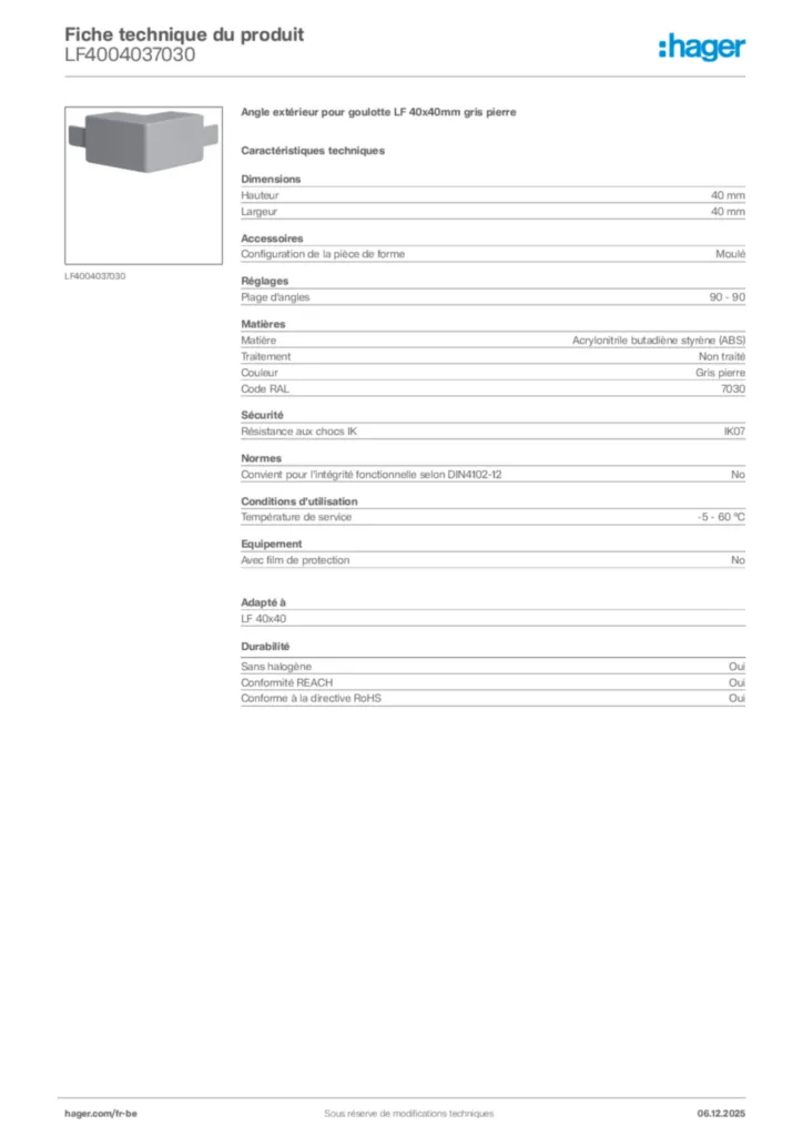 Image Hager Fiche technique du produit LF4004037030 | Hager Belgique