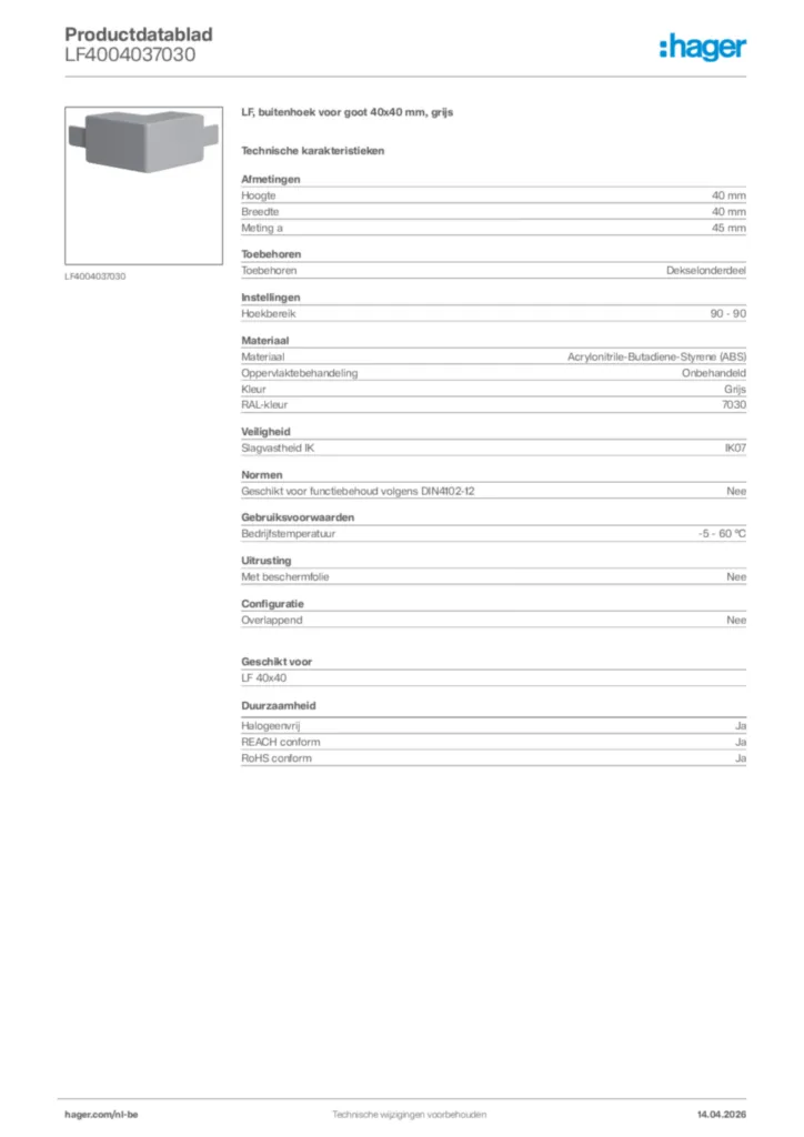 Afbeelding Hager Productdatablad LF4004037030 | Hager Belgium
