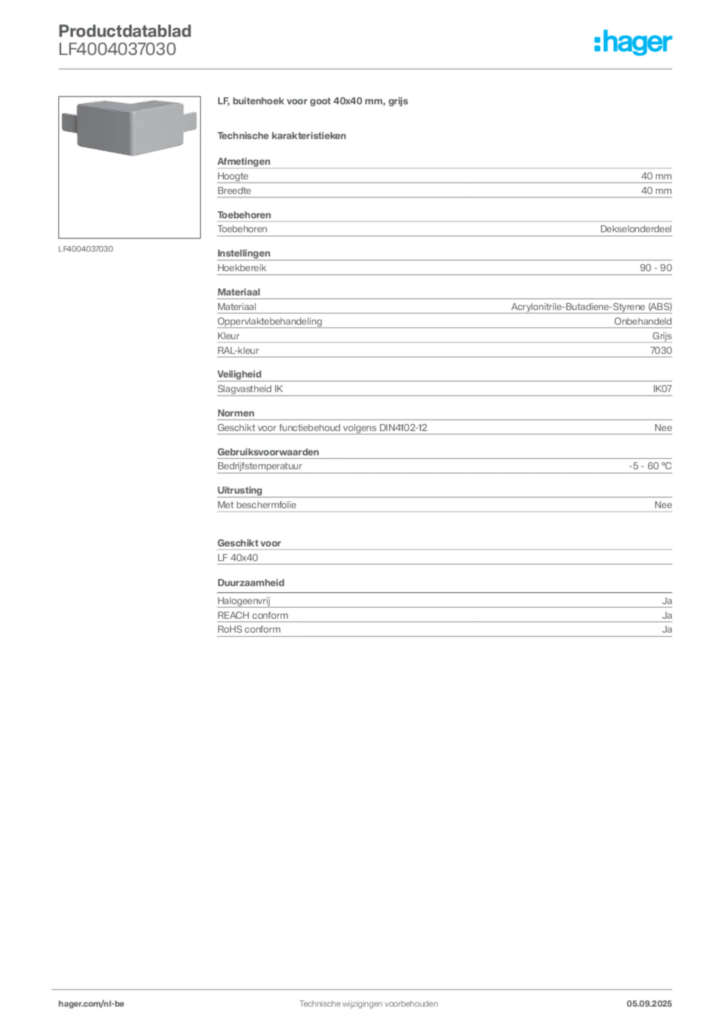 Afbeelding Hager Productdatablad LF4004037030 | Hager Belgium