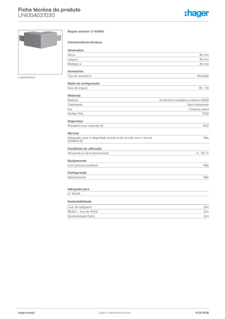 Imagem Hager Ficha técnica do produto LF4004037030 | Hager Portugal