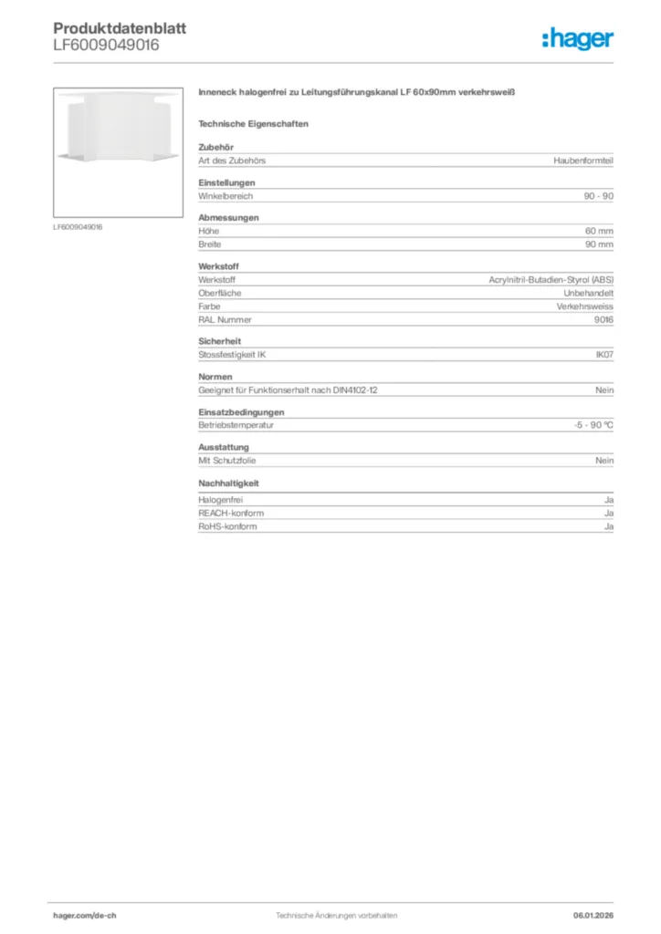 Bild Hager Produktdatenblatt LF6009049016 | Hager Schweiz