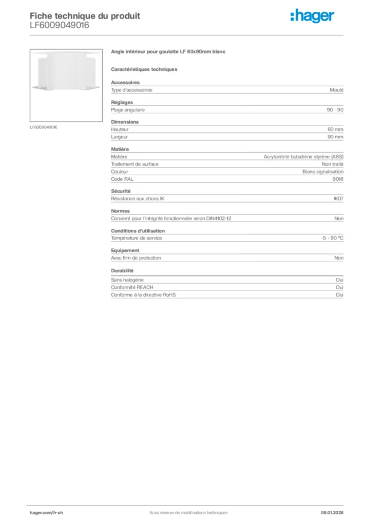 Image Hager Fiche technique du produit LF6009049016 | Hager Suisse