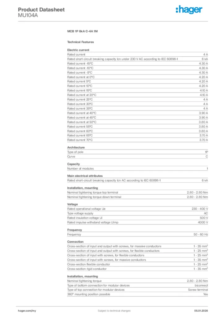 Image Hager Product data sheet MU104A  | Hager