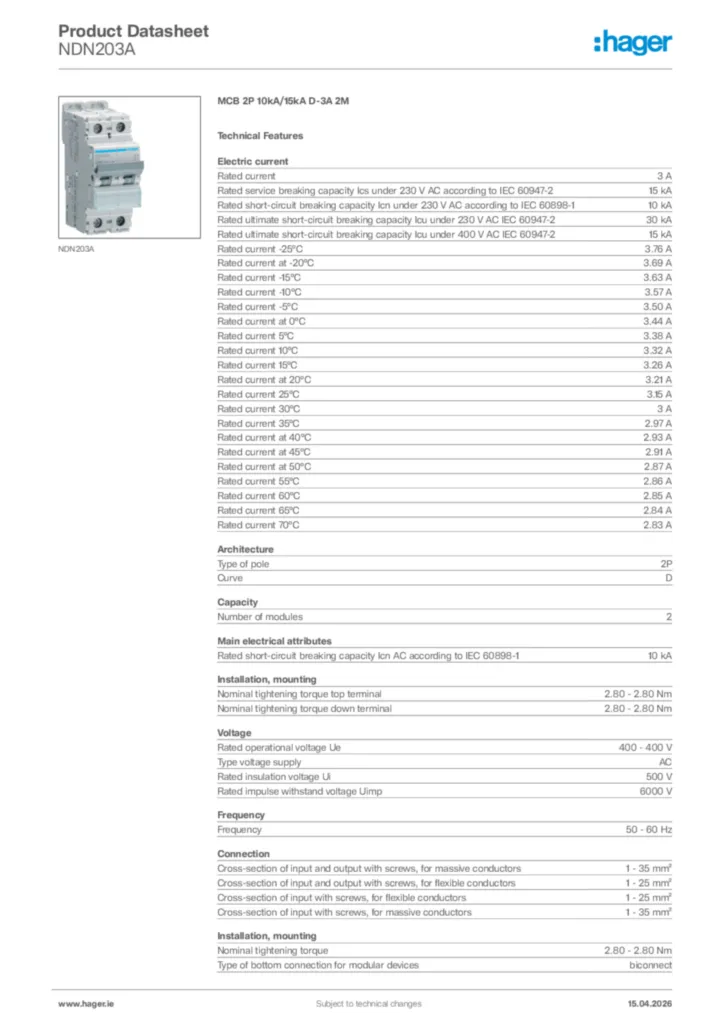 Image Hager Product data sheet NDN203A  | Hager