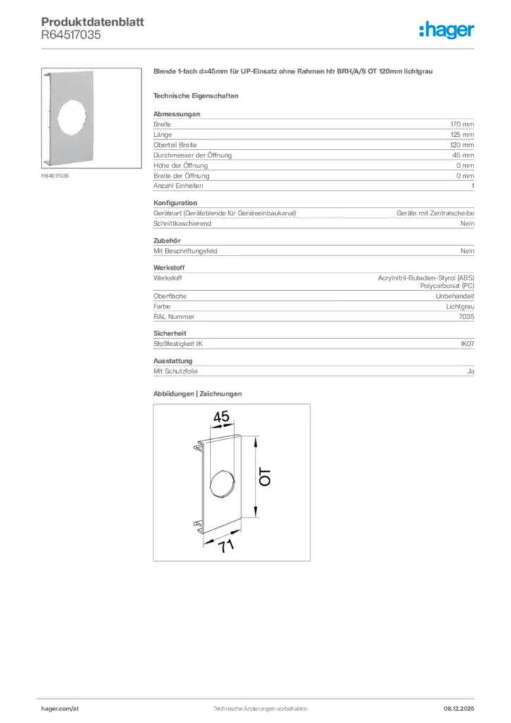 Bild Hager Produktdatenblatt R64517035 | Hager Deutschland