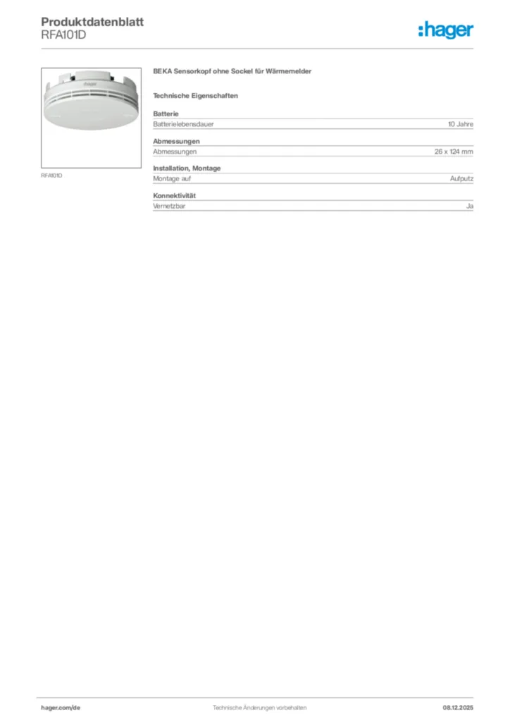Hager Produktdatenblatt RFA101D