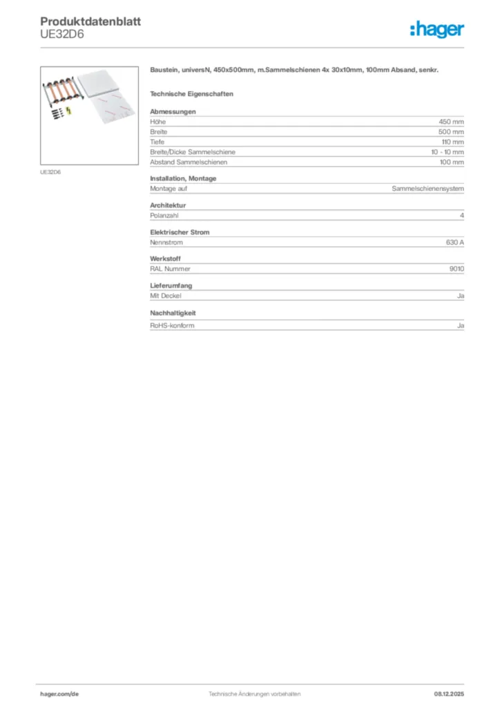 Bild Hager Produktdatenblatt UE32D6 | Hager Deutschland