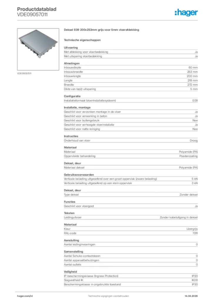 Afbeelding Hager Productdatablad VDE09057011 | Hager Nederland