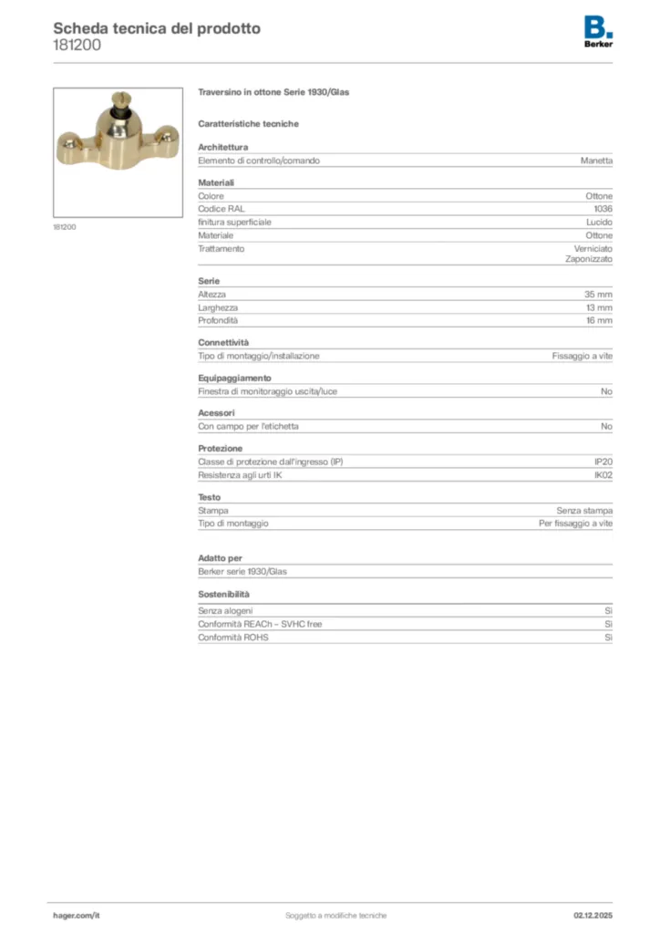 Immagine Berker Scheda tecnica del prodotto 181200 | Hager Italia