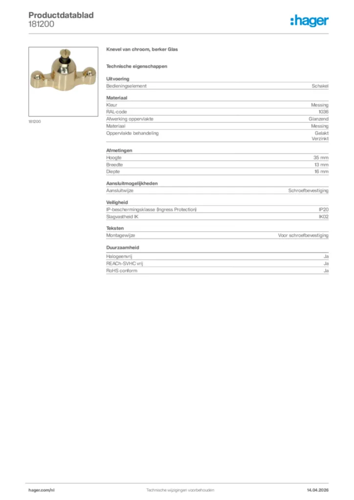 Afbeelding Hager Productdatablad 181200 | Hager Nederland
