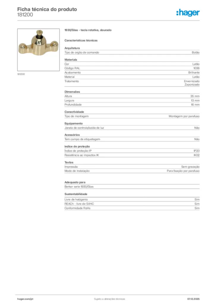 Imagem Hager Ficha técnica do produto 181200 | Hager Portugal