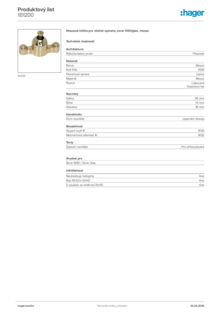 Obrázek Hager Product data sheet 181200 | Hager