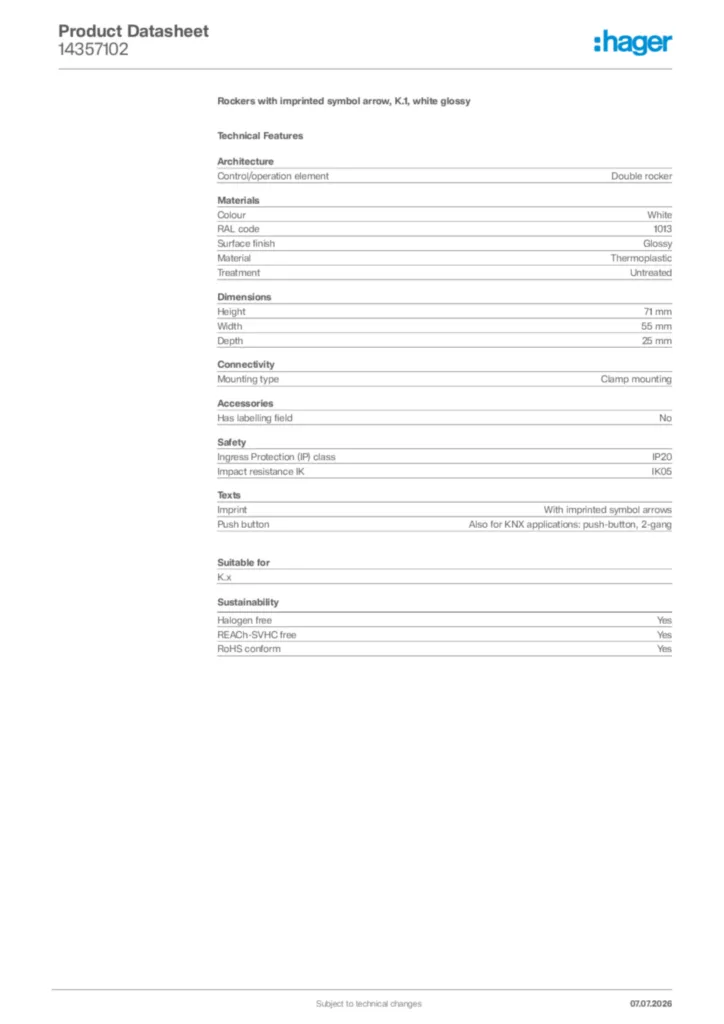 Image Hager Product data sheet 14357102  | Hager Africa