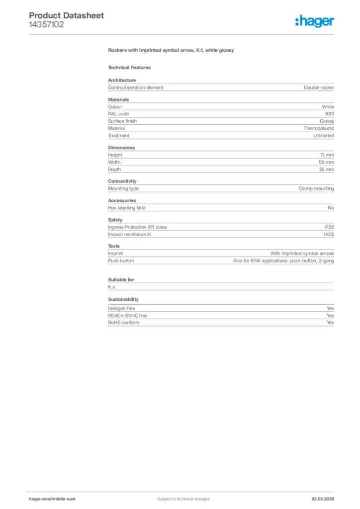 Image Hager Product data sheet 14357102  | Hager