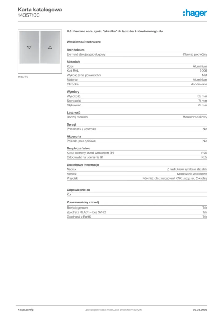 Zdjęcie Hager Karta katalogowa 14357103 | Hager Polska