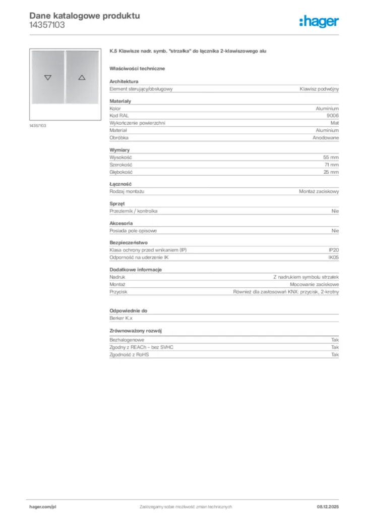 Zdjęcie Hager Karta katalogowa 14357103 | Hager Polska