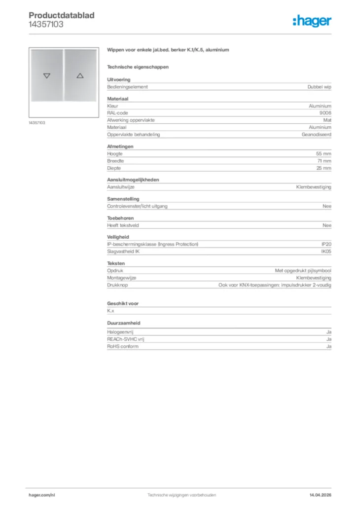 Afbeelding Hager Productdatablad 14357103 | Hager Nederland