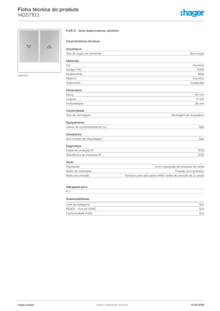 Imagem Hager Ficha técnica do produto 14357103 | Hager Portugal