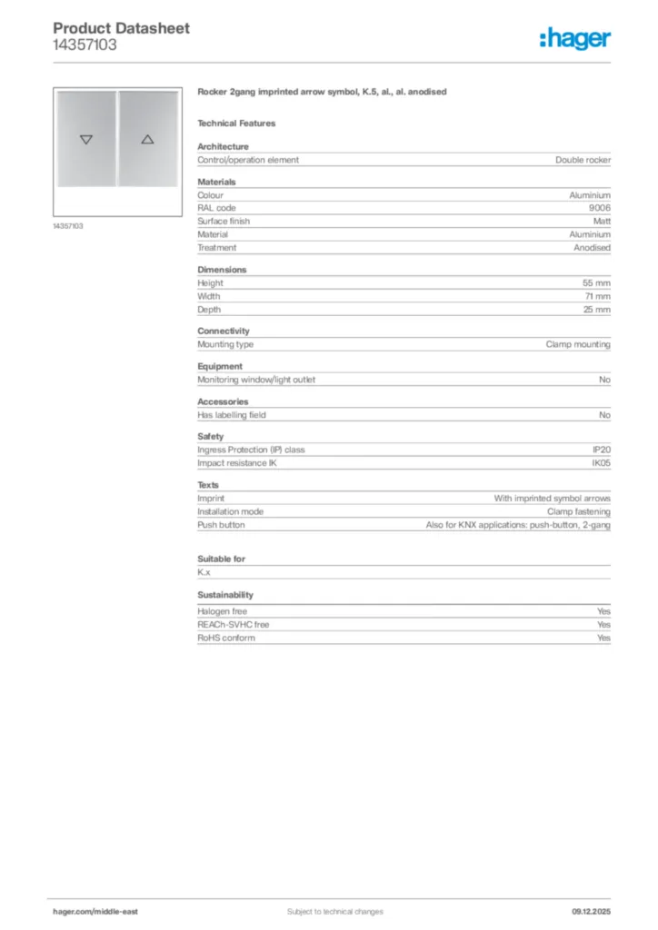Image Hager Product data sheet 14357103  | Hager
