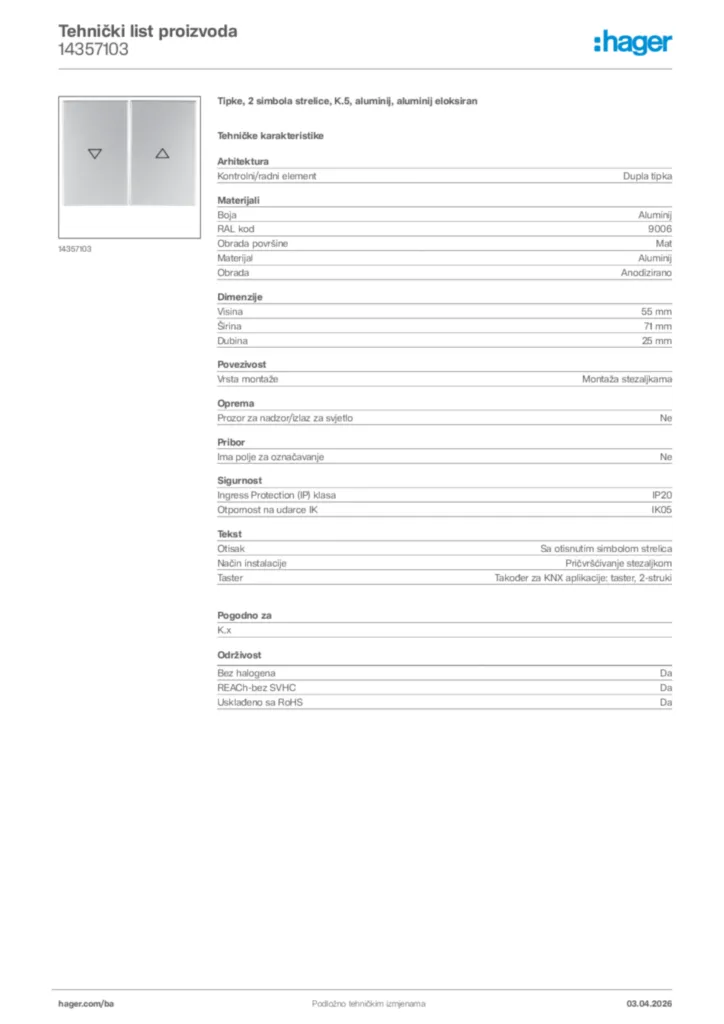 Slika Hager Tehnički list proizvoda 14357103  | Hager
