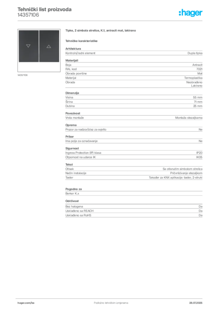 Slika Hager Product data sheet 14357106  | Hager