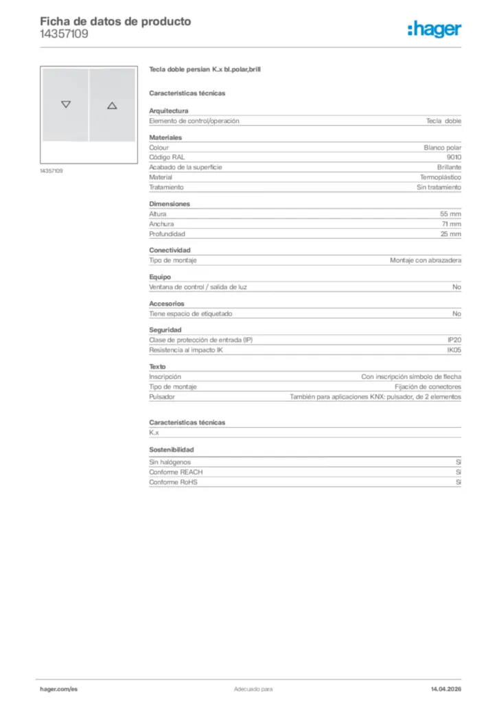 Imagen Hager Ficha de datos de producto 14357109 | Hager España