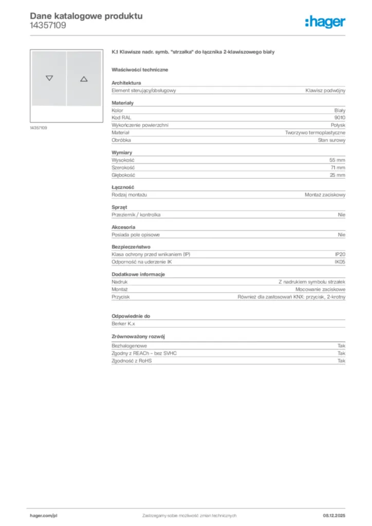 Zdjęcie Hager Karta katalogowa 14357109 | Hager Polska