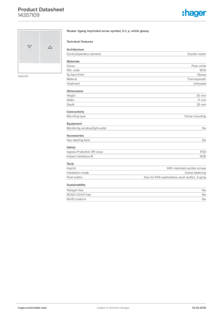 Image Hager Product data sheet 14357109  | Hager