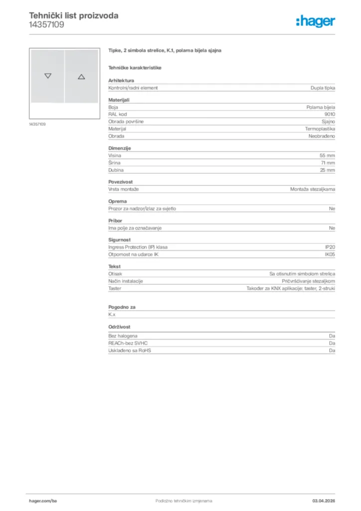 Slika Hager Tehnički list proizvoda 14357109  | Hager