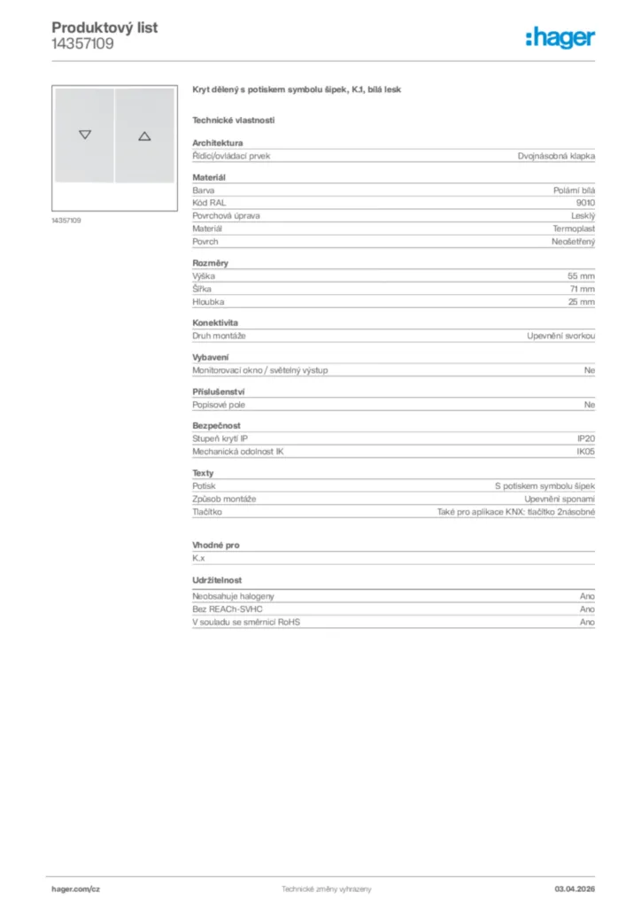 Obrázek Hager Product data sheet 14357109 | Hager